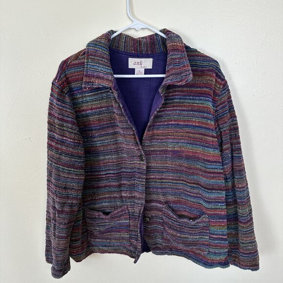 Anu By Natural Multicolor Striped Womens Cotton Jacket Large Purple Pockets - Picture 7 of 8